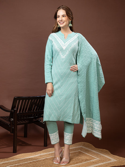 TYSORT Winter Woolen Anarkali Kurta Palazzo and Stole Set for Women
