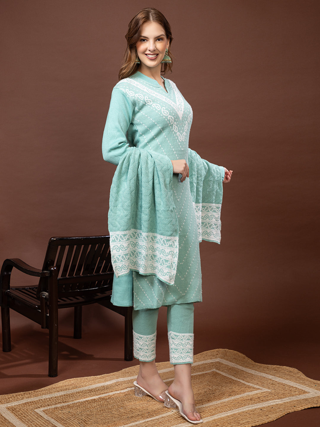 TYSORT Winter Woolen Anarkali Kurta Palazzo and Stole Set for Women