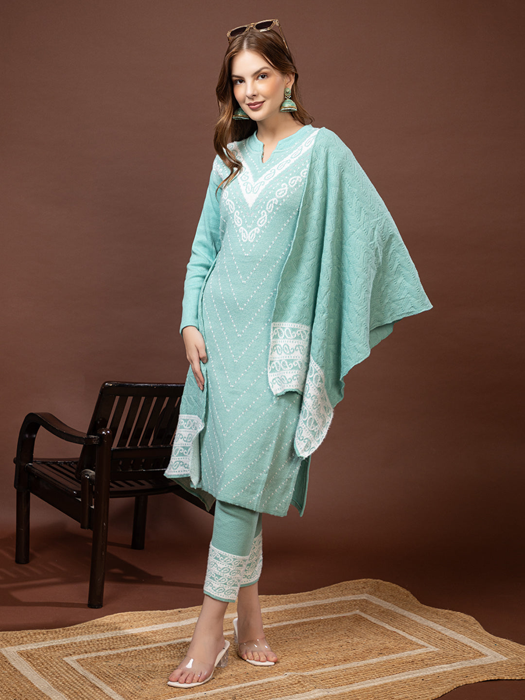 TYSORT Winter Woolen Anarkali Kurta Palazzo and Stole Set for Women