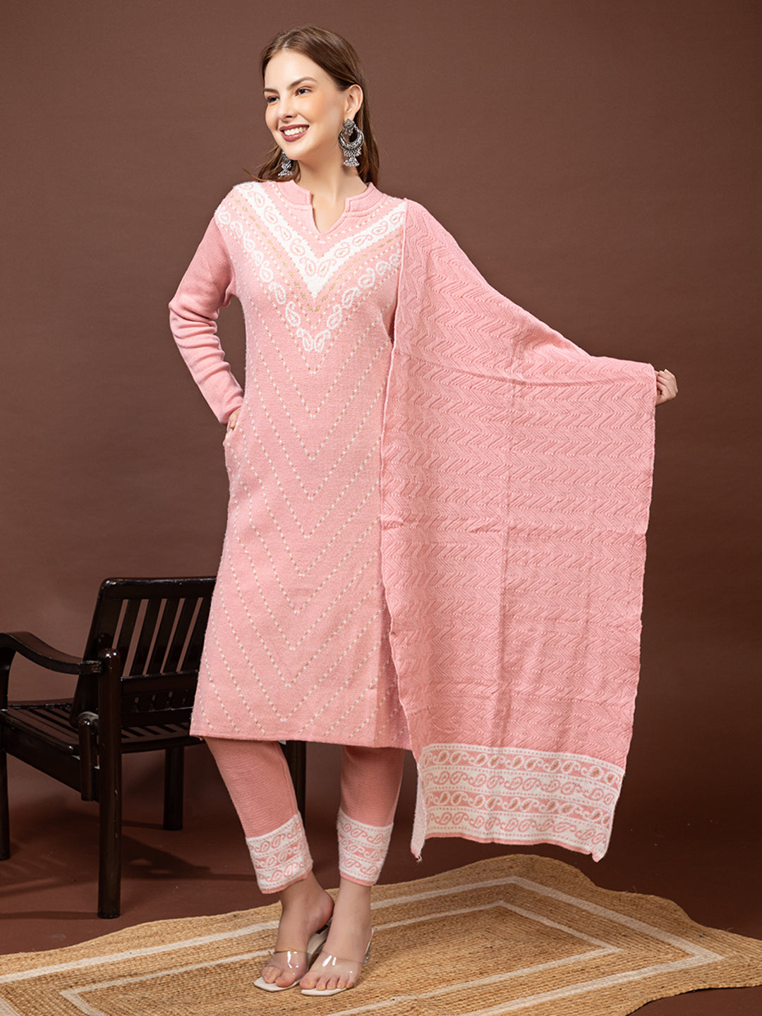 TYSORT Winter Woolen Anarkali Kurta Palazzo and Stole Set for Women