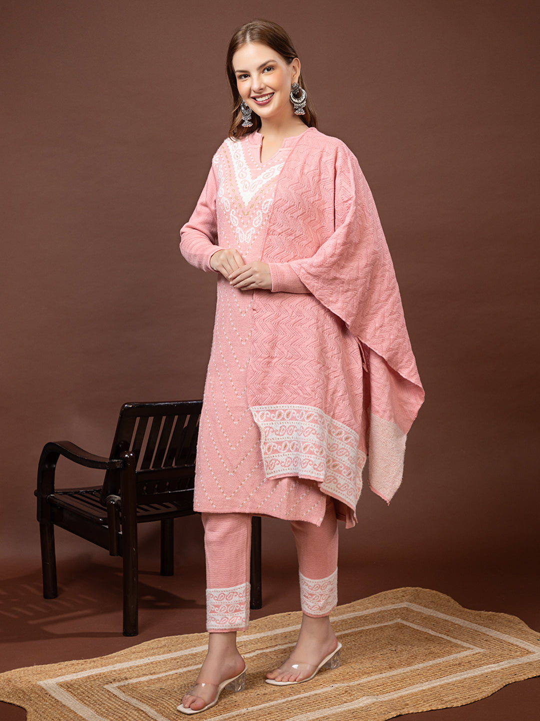 TYSORT Winter Woolen Anarkali Kurta Palazzo and Stole Set for Women