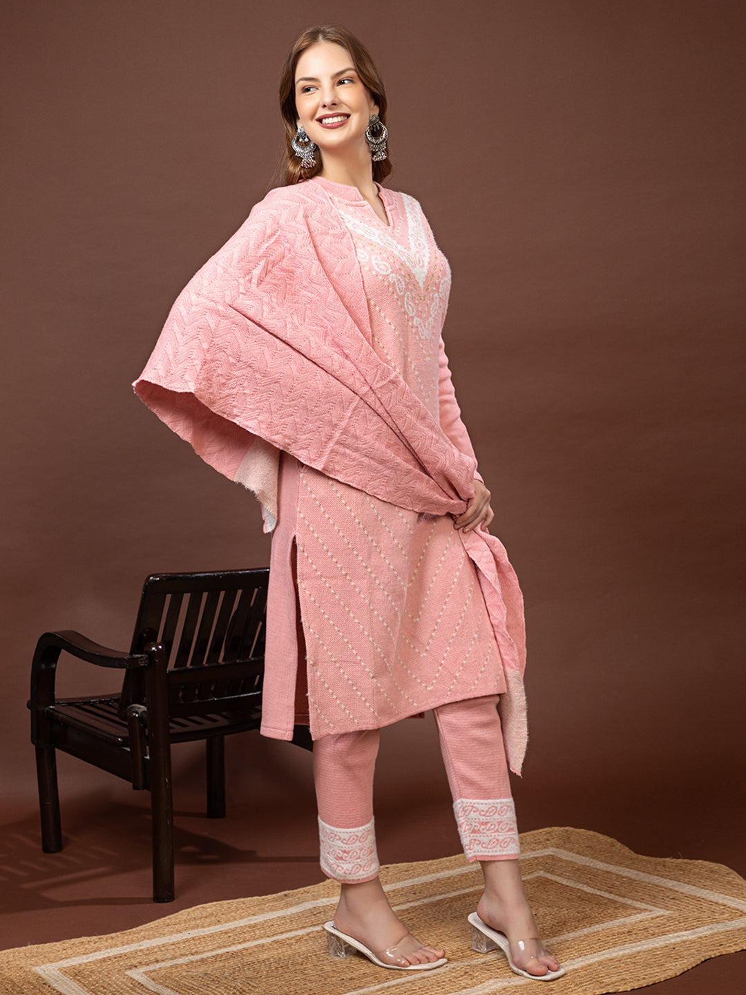 TYSORT Winter Woolen Anarkali Kurta Palazzo and Stole Set for Women