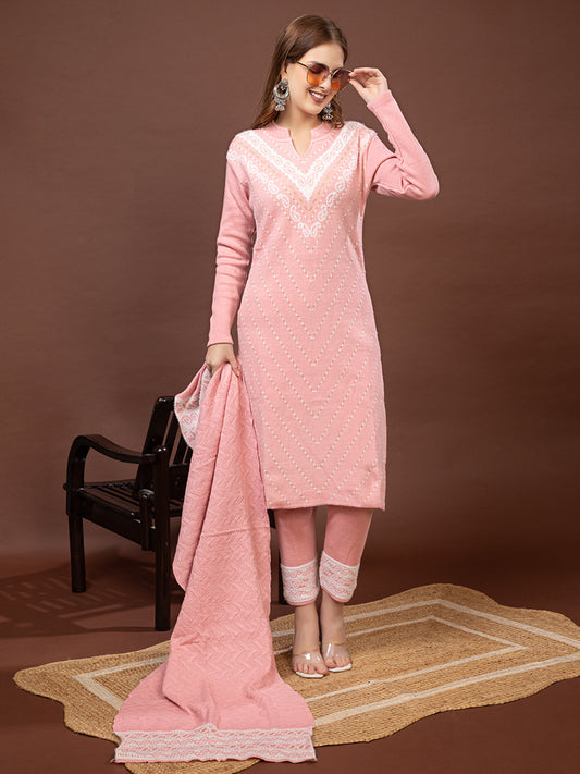 TYSORT Winter Woolen Anarkali Kurta Palazzo and Stole Set for Women