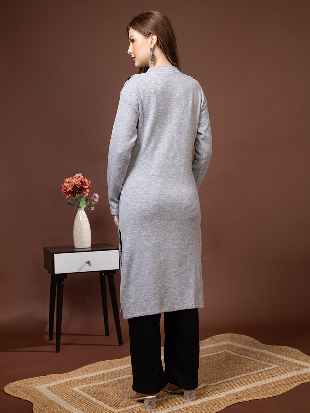 TYSORT Women’s Aline Woolen Winter Kurti | Long Sleeve Embroidered Wool Kurta Tunic Top for Women | Warm Casual Ethnic Wear