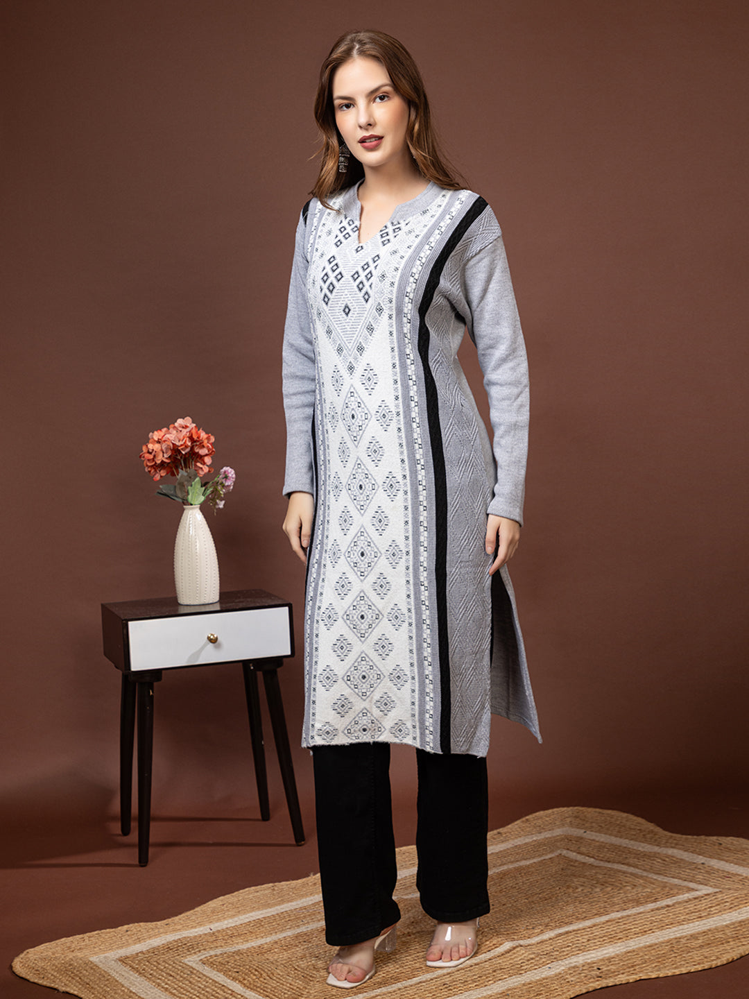 TYSORT Women’s Aline Woolen Winter Kurti | Long Sleeve Embroidered Wool Kurta Tunic Top for Women | Warm Casual Ethnic Wear