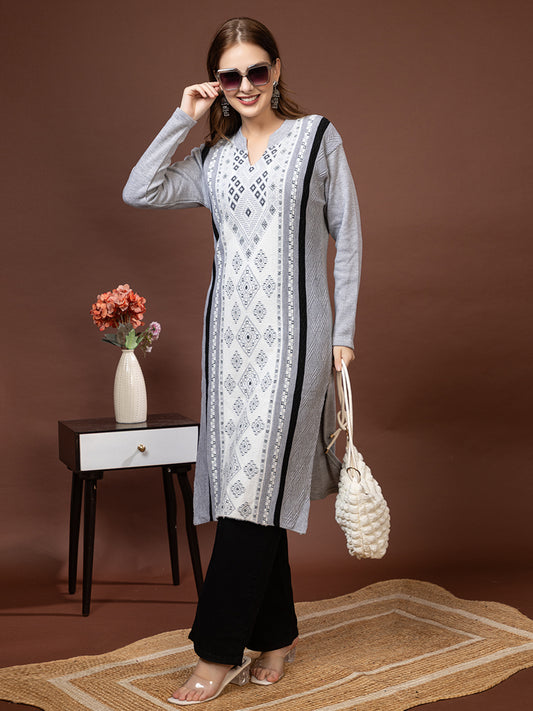 TYSORT Women’s Aline Woolen Winter Kurti | Long Sleeve Embroidered Wool Kurta Tunic Top for Women | Warm Casual Ethnic Wear