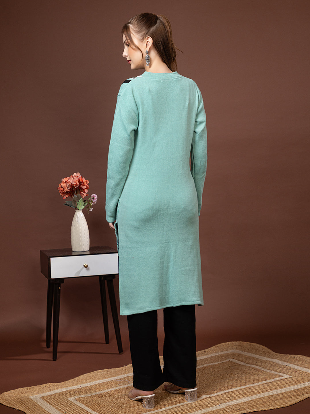TYSORT Women’s Aline Woolen Winter Kurti | Long Sleeve Embroidered Wool Kurta Tunic Top for Women | Warm Casual Ethnic Wear