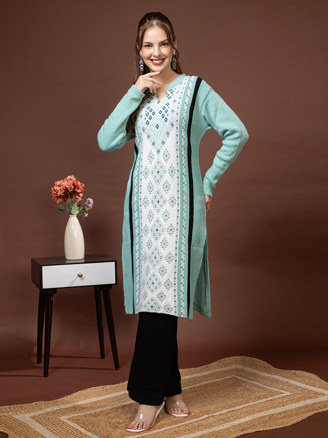 TYSORT Women’s Aline Woolen Winter Kurti | Long Sleeve Embroidered Wool Kurta Tunic Top for Women | Warm Casual Ethnic Wear