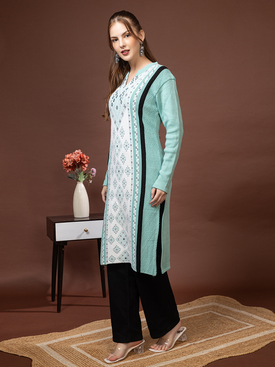 TYSORT Women’s Aline Woolen Winter Kurti | Long Sleeve Embroidered Wool Kurta Tunic Top for Women | Warm Casual Ethnic Wear