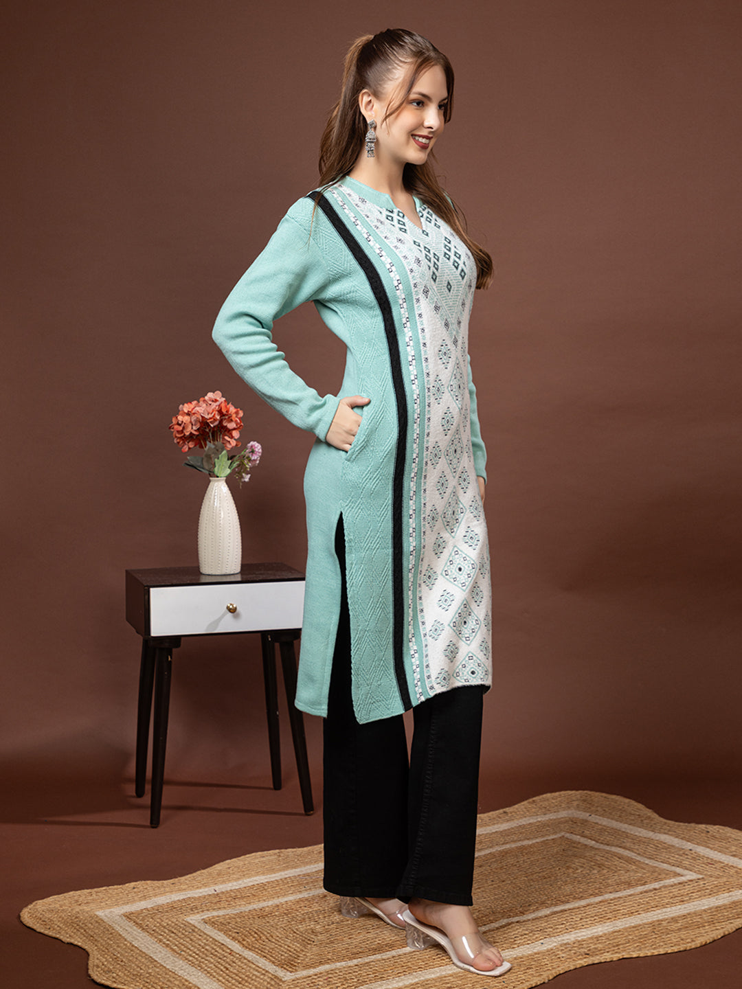 TYSORT Women’s Aline Woolen Winter Kurti | Long Sleeve Embroidered Wool Kurta Tunic Top for Women | Warm Casual Ethnic Wear
