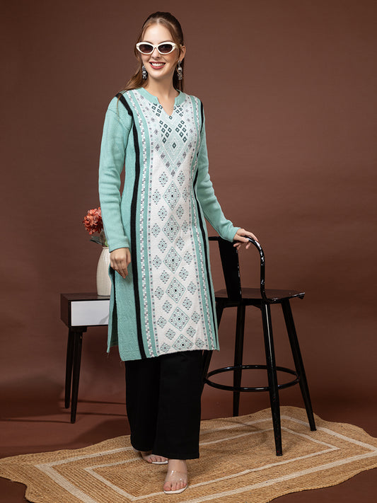 TYSORT Women’s Aline Woolen Winter Kurti | Long Sleeve Embroidered Wool Kurta Tunic Top for Women | Warm Casual Ethnic Wear