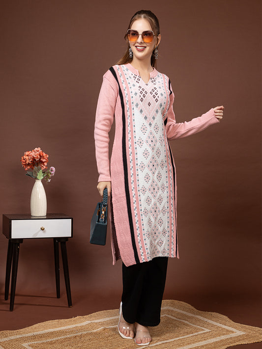 TYSORT Women’s Aline Woolen Winter Kurti | Long Sleeve Embroidered Wool Kurta Tunic Top for Women | Warm Casual Ethnic Wear