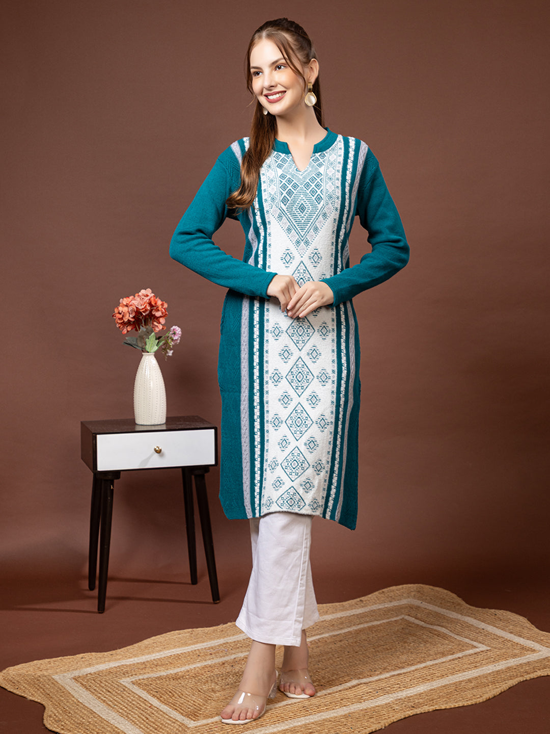 TYSORT Women’s Aline Woolen Winter Kurti | Long Sleeve Embroidered Wool Kurta Tunic Top for Women | Warm Casual Ethnic Wear