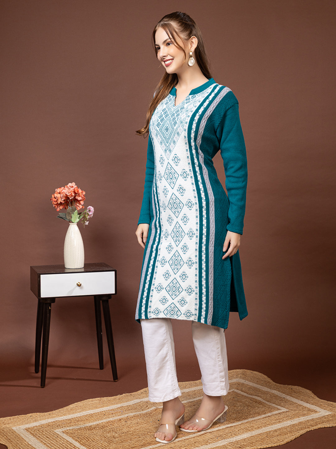 TYSORT Women’s Aline Woolen Winter Kurti | Long Sleeve Embroidered Wool Kurta Tunic Top for Women | Warm Casual Ethnic Wear