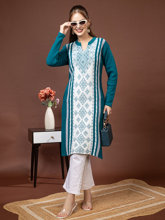 TYSORT Women’s Aline Woolen Winter Kurti | Long Sleeve Embroidered Wool Kurta Tunic Top for Women | Warm Casual Ethnic Wear