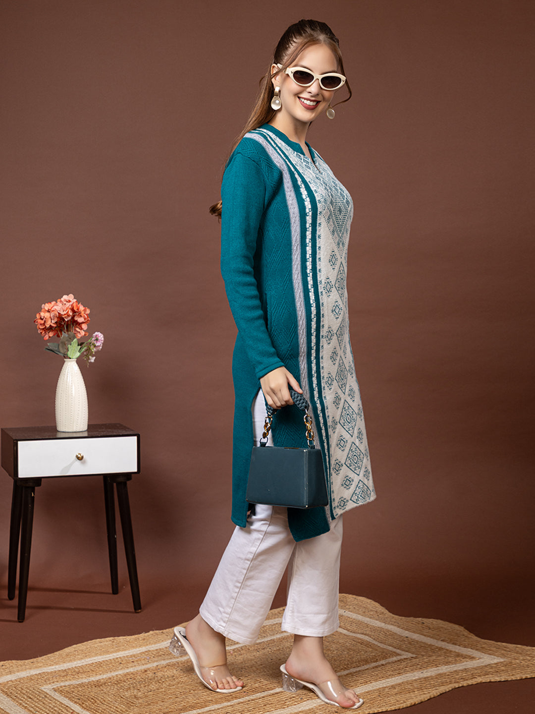 TYSORT Women’s Aline Woolen Winter Kurti | Long Sleeve Embroidered Wool Kurta Tunic Top for Women | Warm Casual Ethnic Wear