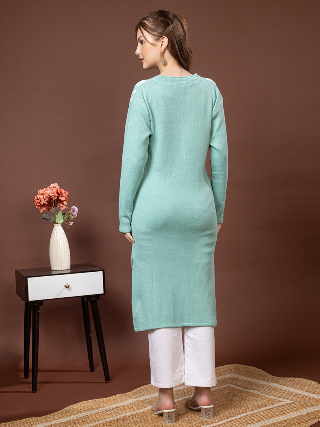 TYSORT Women’s Aline Woolen Winter Kurti | Long Sleeve Embroidered Wool Kurta Tunic Top for Women | Warm Casual Ethnic Wear