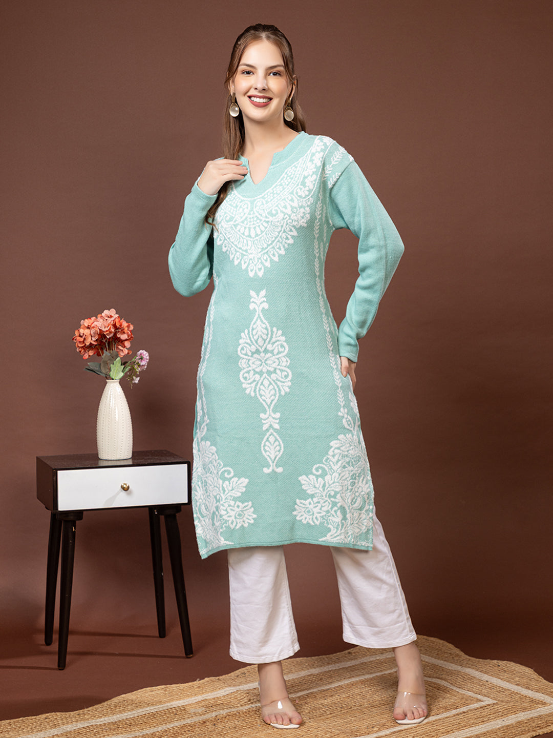 TYSORT Women’s Aline Woolen Winter Kurti | Long Sleeve Embroidered Wool Kurta Tunic Top for Women | Warm Casual Ethnic Wear