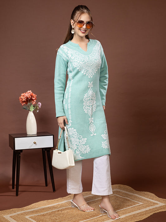 TYSORT Women’s Aline Woolen Winter Kurti | Long Sleeve Embroidered Wool Kurta Tunic Top for Women | Warm Casual Ethnic Wear