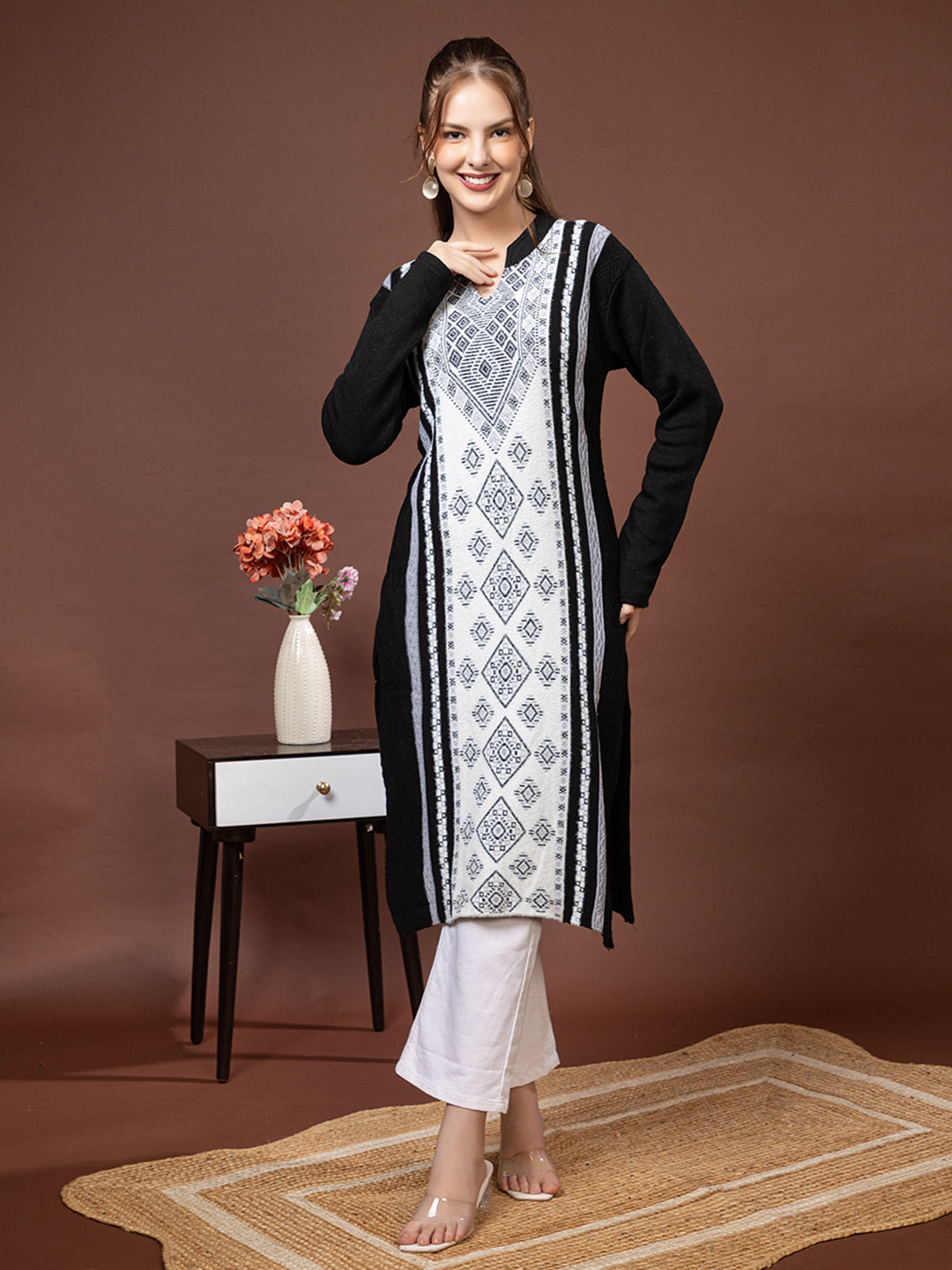 TYSORT Women’s Aline Woolen Winter Kurti | Long Sleeve Embroidered Wool Kurta Tunic Top for Women | Warm Casual Ethnic Wear