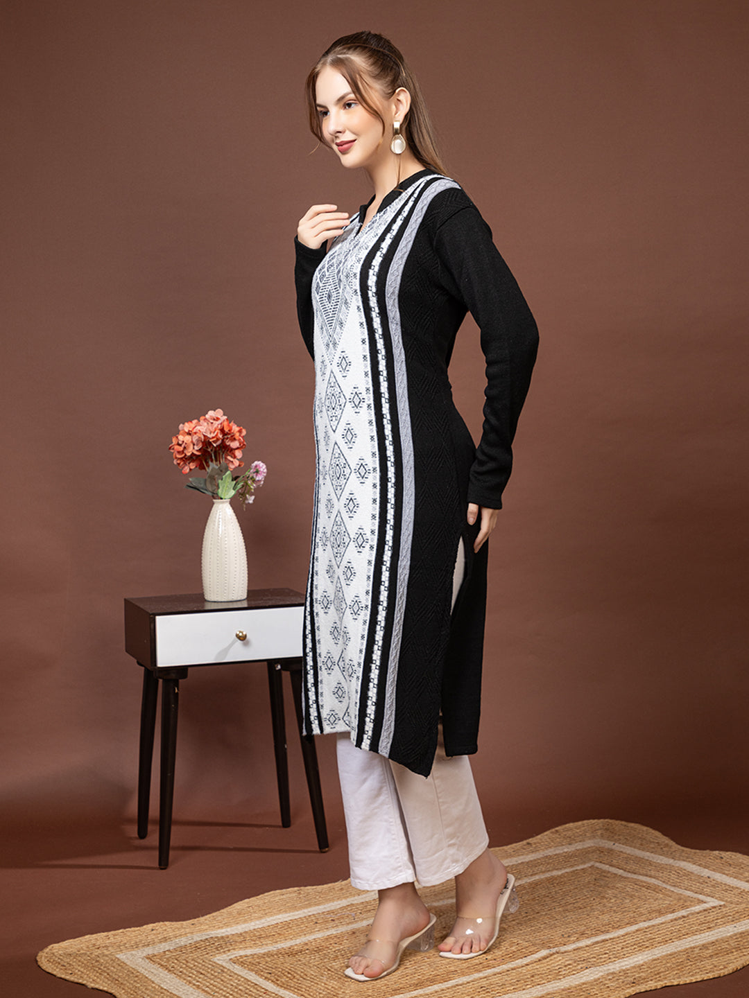 TYSORT Women’s Aline Woolen Winter Kurti | Long Sleeve Embroidered Wool Kurta Tunic Top for Women | Warm Casual Ethnic Wear