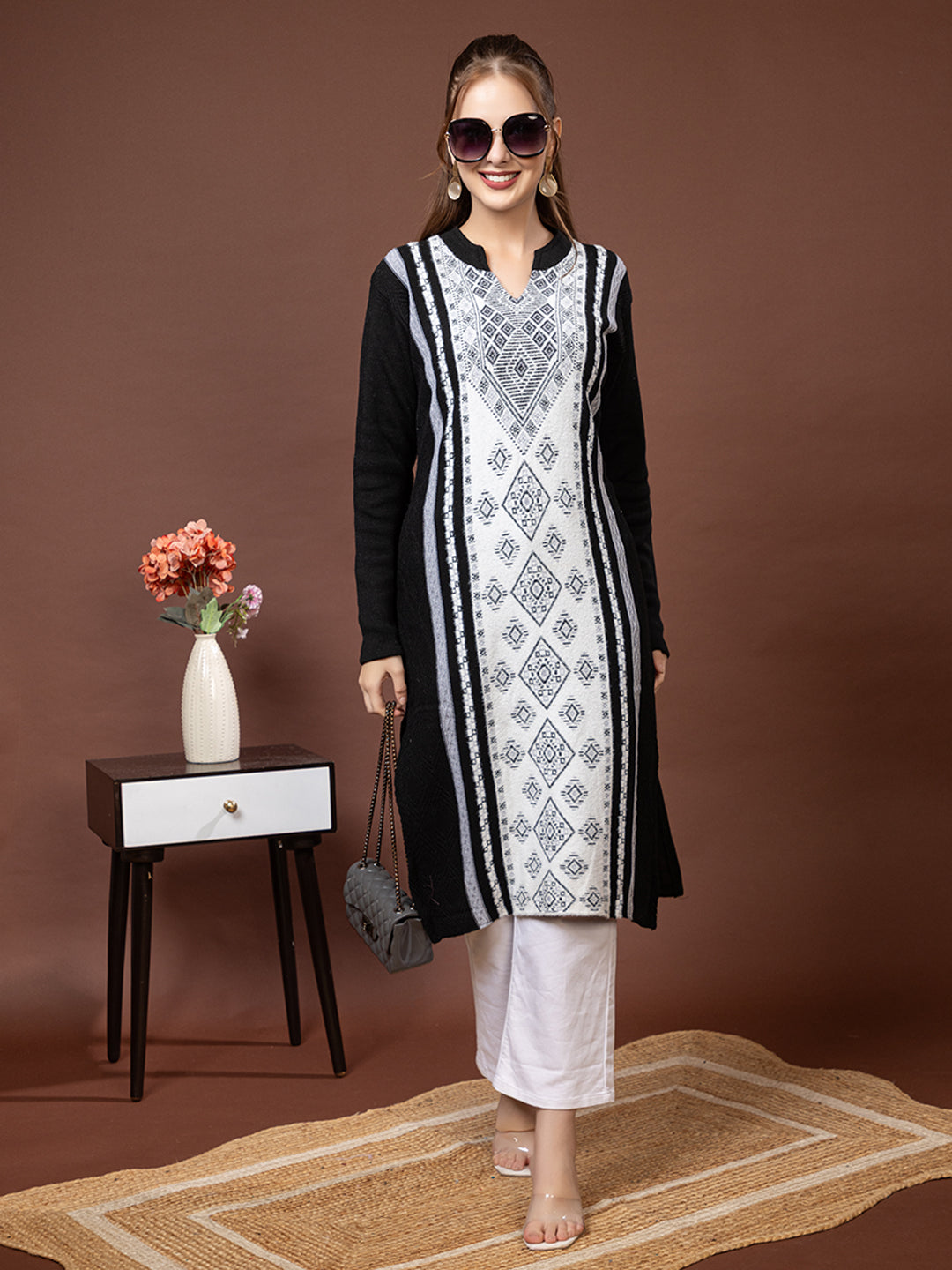 TYSORT Women’s Aline Woolen Winter Kurti | Long Sleeve Embroidered Wool Kurta Tunic Top for Women | Warm Casual Ethnic Wear