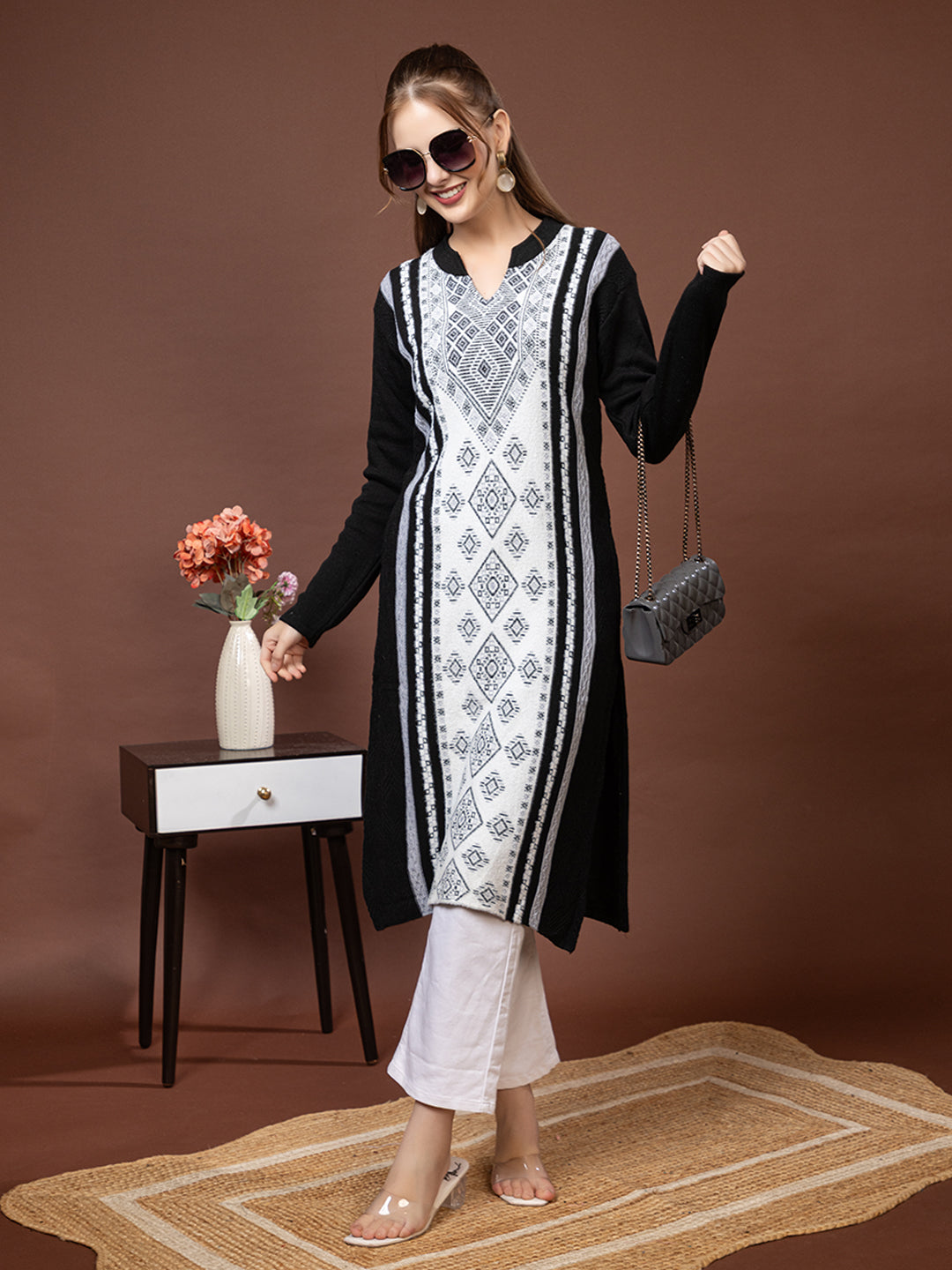 TYSORT Women’s Aline Woolen Winter Kurti | Long Sleeve Embroidered Wool Kurta Tunic Top for Women | Warm Casual Ethnic Wear
