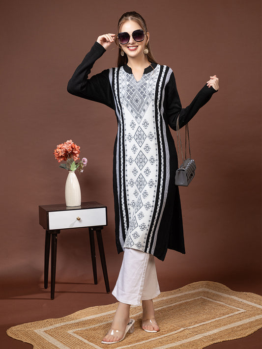 TYSORT Women’s Aline Woolen Winter Kurti | Long Sleeve Embroidered Wool Kurta Tunic Top for Women | Warm Casual Ethnic Wear