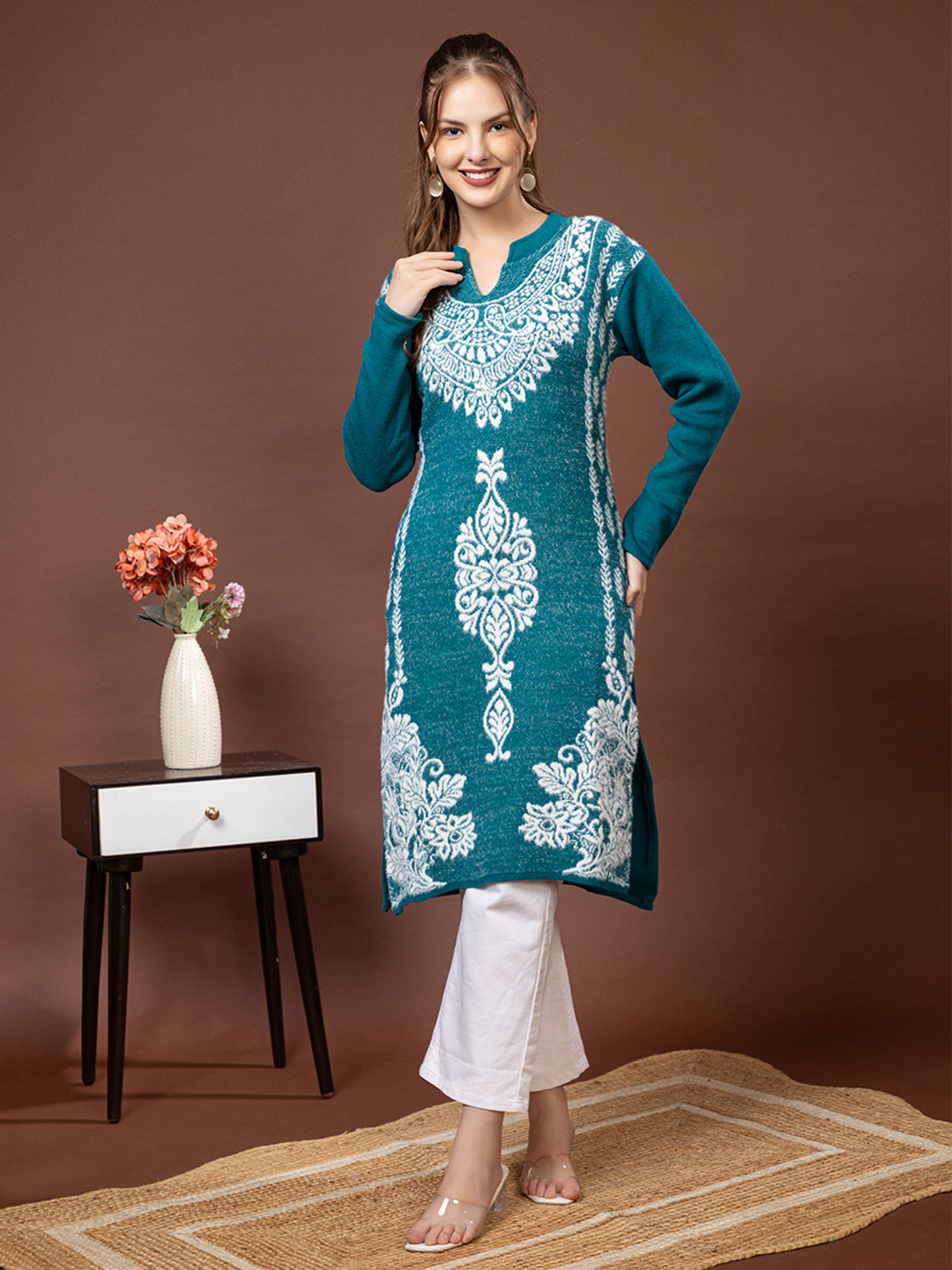 TYSORT Women’s Aline Woolen Winter Kurti | Long Sleeve Embroidered Wool Kurta Tunic Top for Women | Warm Casual Ethnic Wear
