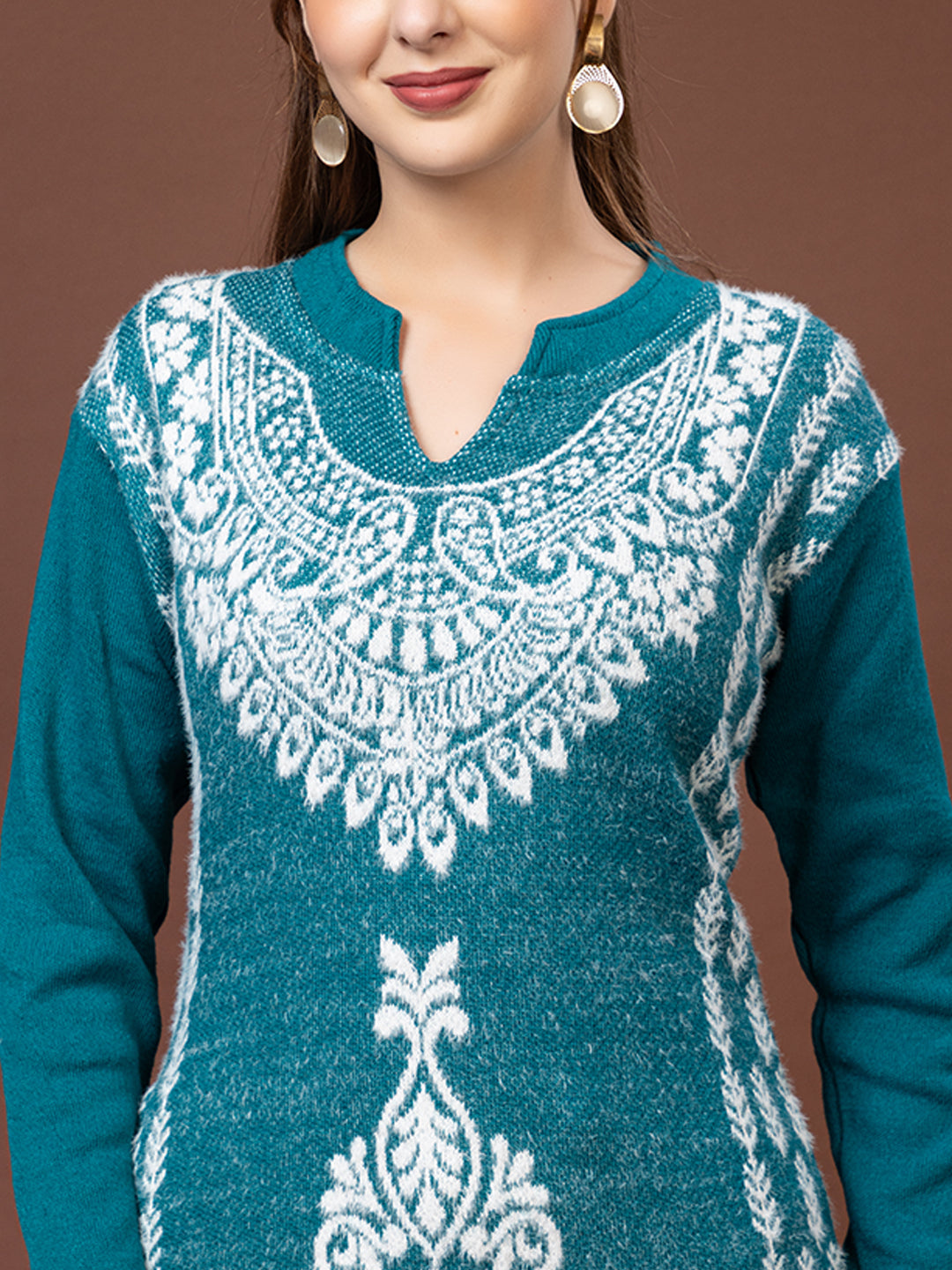 TYSORT Women’s Aline Woolen Winter Kurti | Long Sleeve Embroidered Wool Kurta Tunic Top for Women | Warm Casual Ethnic Wear