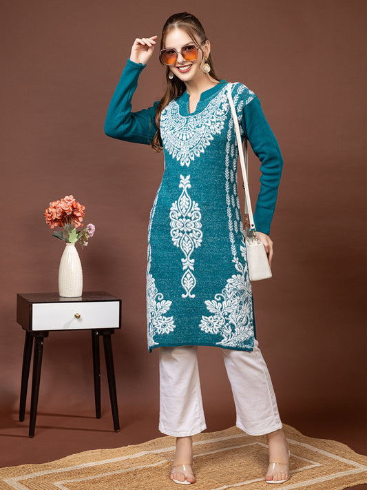 TYSORT Women’s Aline Woolen Winter Kurti | Long Sleeve Embroidered Wool Kurta Tunic Top for Women | Warm Casual Ethnic Wear
