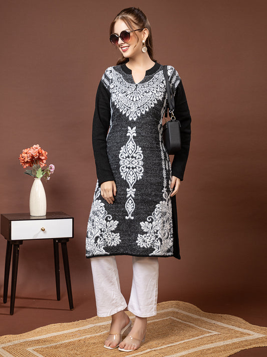 TYSORT Women’s Aline Woolen Winter Kurti | Long Sleeve Embroidered Wool Kurta Tunic Top for Women | Warm Casual Ethnic Wear