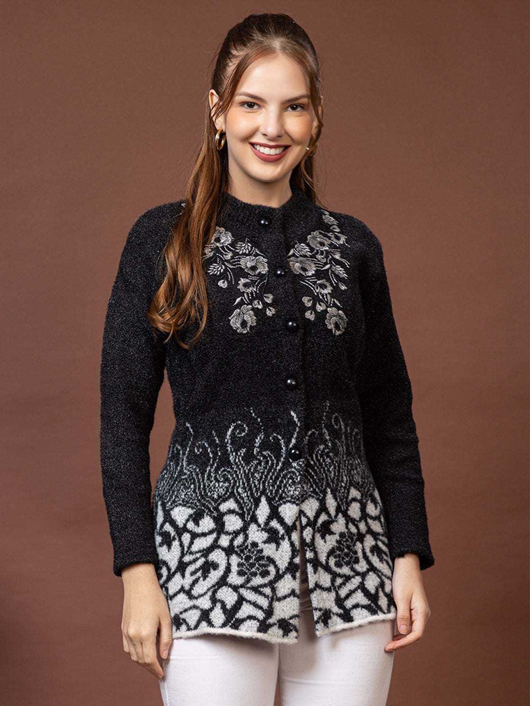 TYSORT Women’s Woolen Round Neck Button Cardigan | Winter Warm Knitted Sweater for Women
