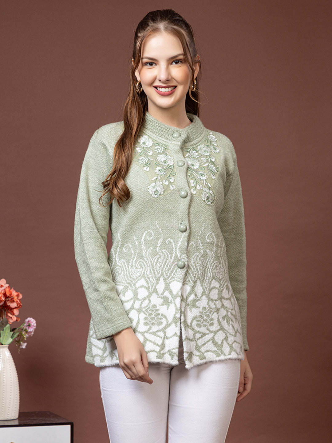 TYSORT Women’s Woolen Round Neck Button Cardigan | Winter Warm Knitted Sweater for Women