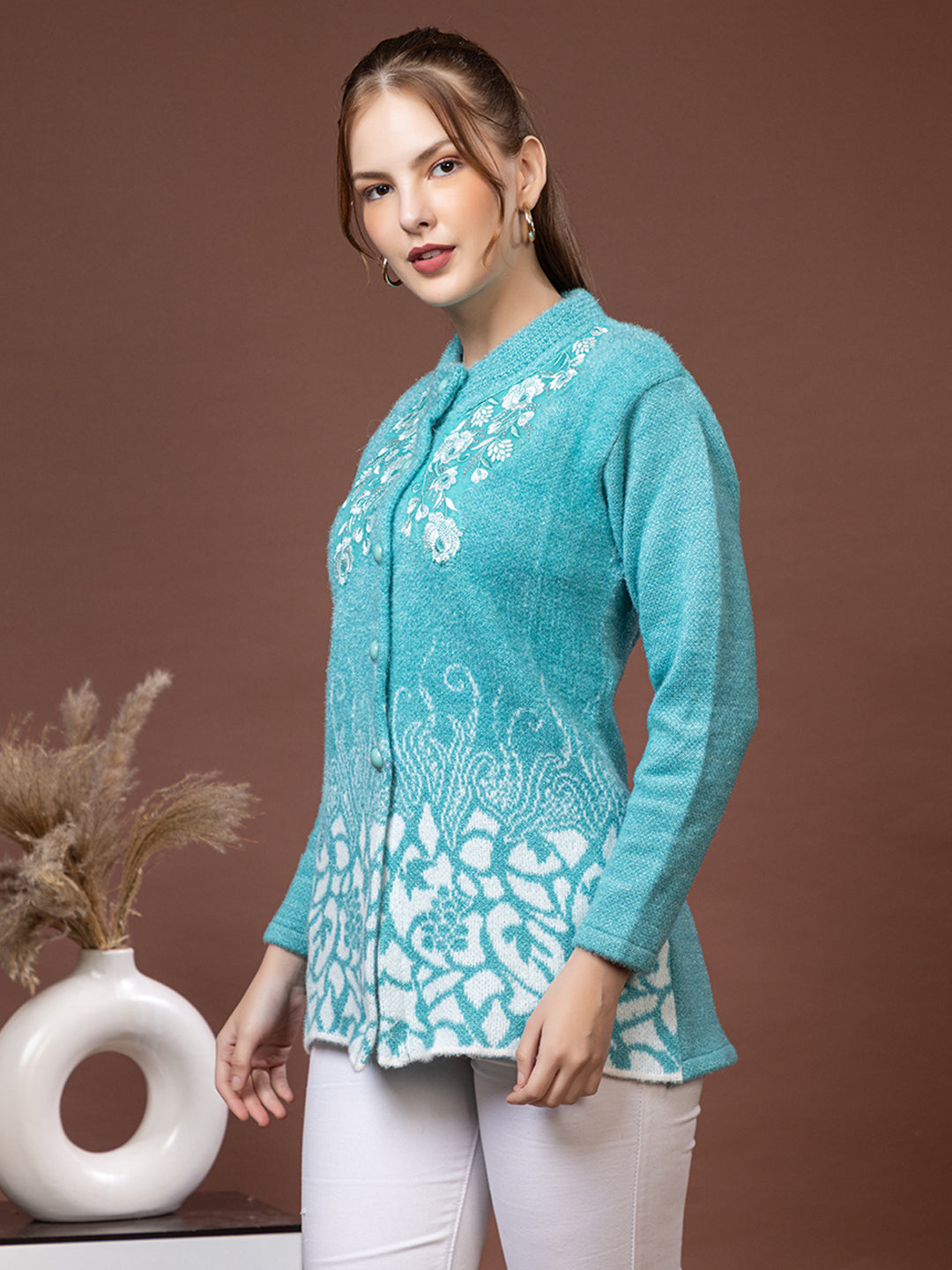 TYSORT Women’s Woolen Round Neck Button Cardigan | Winter Warm Knitted Sweater for Women