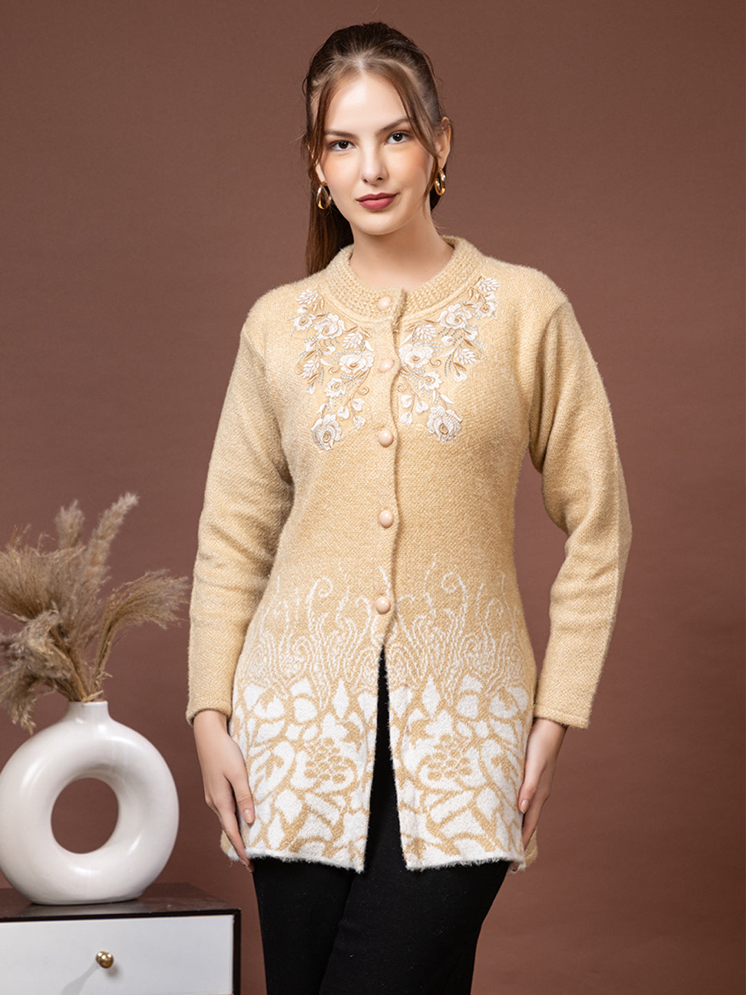 TYSORT Women’s Woolen Round Neck Button Cardigan | Winter Warm Knitted Sweater for Women