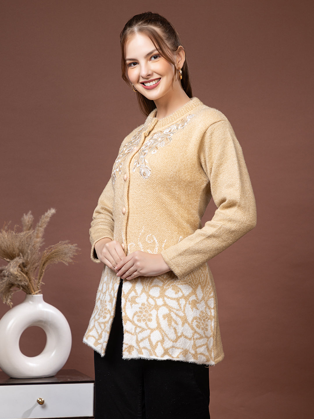 TYSORT Women’s Woolen Round Neck Button Cardigan | Winter Warm Knitted Sweater for Women