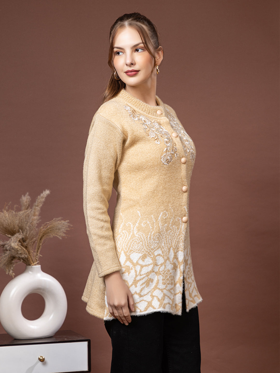 TYSORT Women’s Woolen Round Neck Button Cardigan | Winter Warm Knitted Sweater for Women