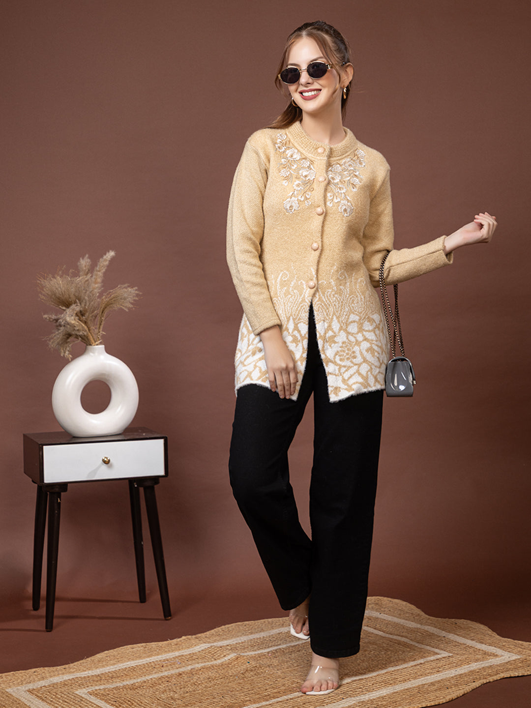 TYSORT Women’s Woolen Round Neck Button Cardigan | Winter Warm Knitted Sweater for Women