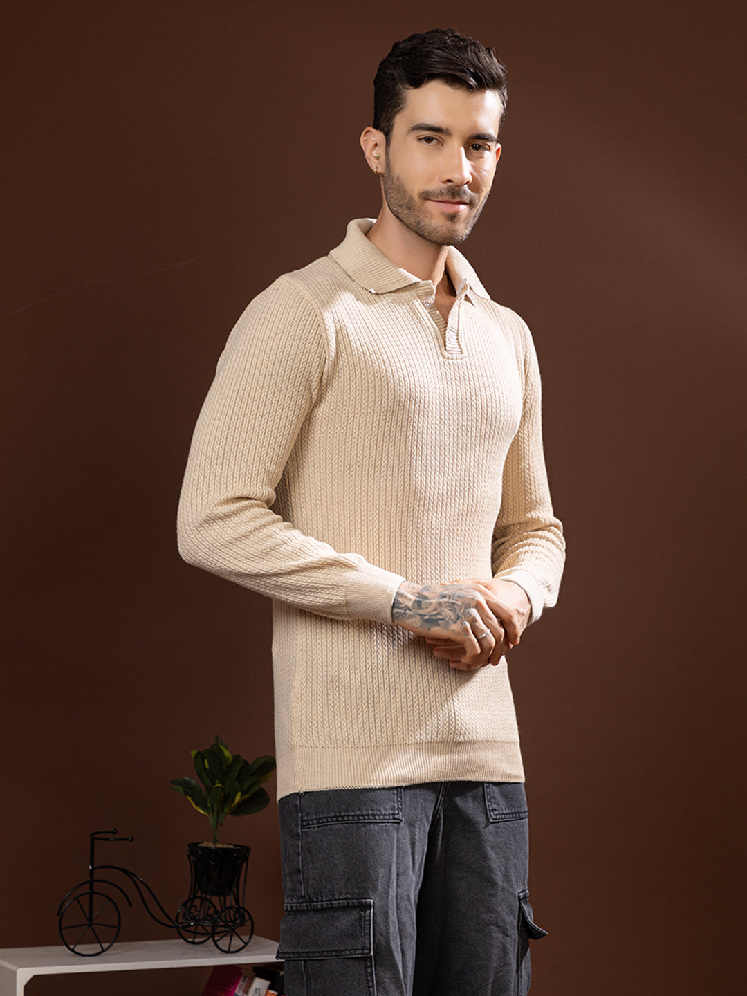 TYSORT Men’s Knitted Polo Sweater Casual Full Sleeve Pullover Sweater with Button Collar.