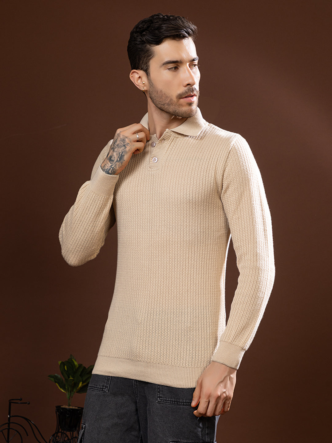 TYSORT Men’s Knitted Polo Sweater Casual Full Sleeve Pullover Sweater with Button Collar.