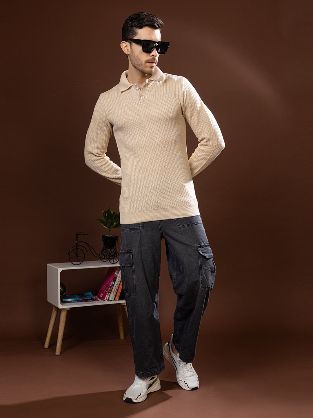 TYSORT Men’s Knitted Polo Sweater Casual Full Sleeve Pullover Sweater with Button Collar.