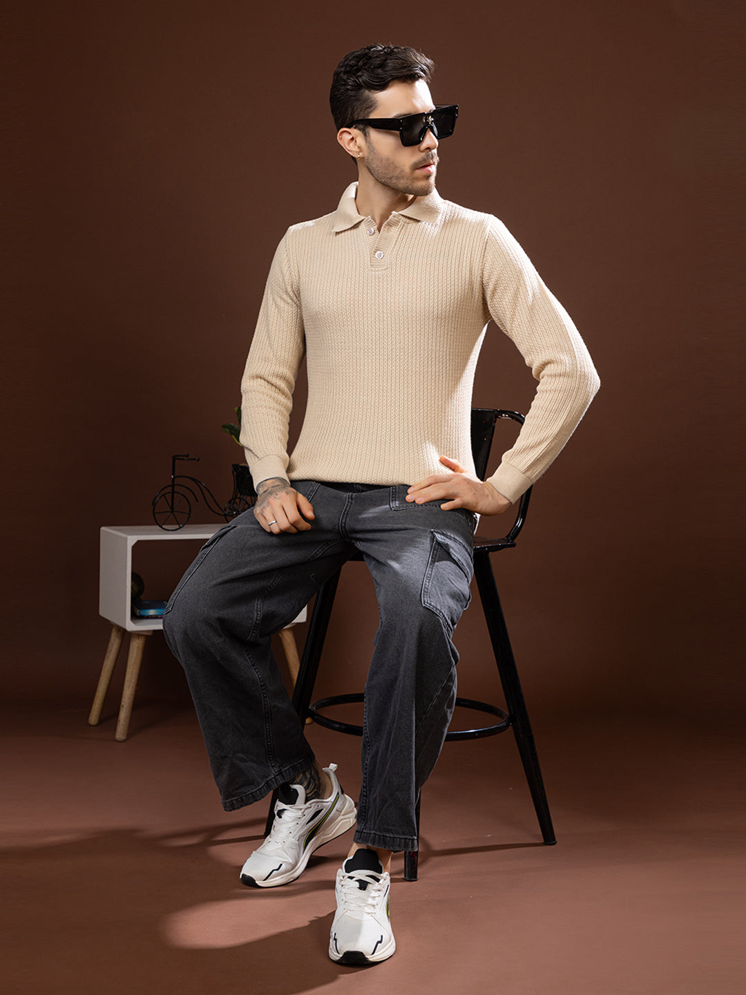 TYSORT Men’s Knitted Polo Sweater Casual Full Sleeve Pullover Sweater with Button Collar.