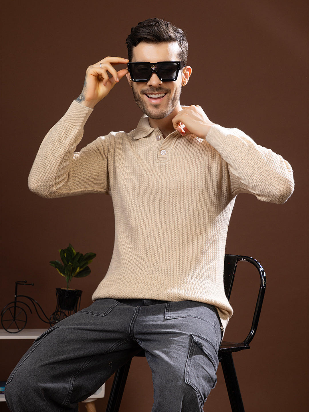 TYSORT Men’s Knitted Polo Sweater Casual Full Sleeve Pullover Sweater with Button Collar.