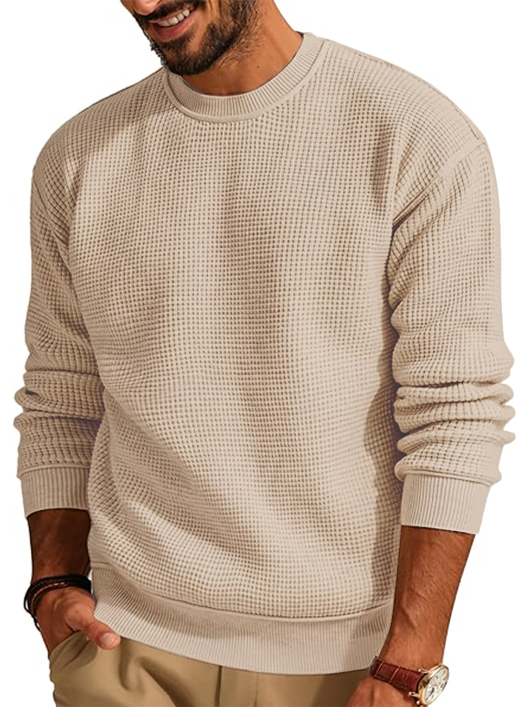 TYSORT Men's Waffle Knit Round Neck Full Sleeve Sweaters Crew Neck Sweater