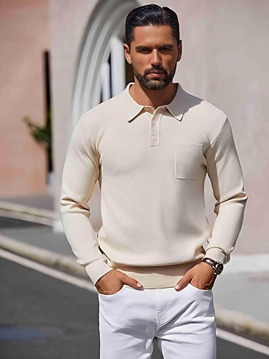 TYSORT Mens Long Sleeve Polo Sweater Knit Polo Casual Heavyweight Thermal Pullover Sweater with Pocket