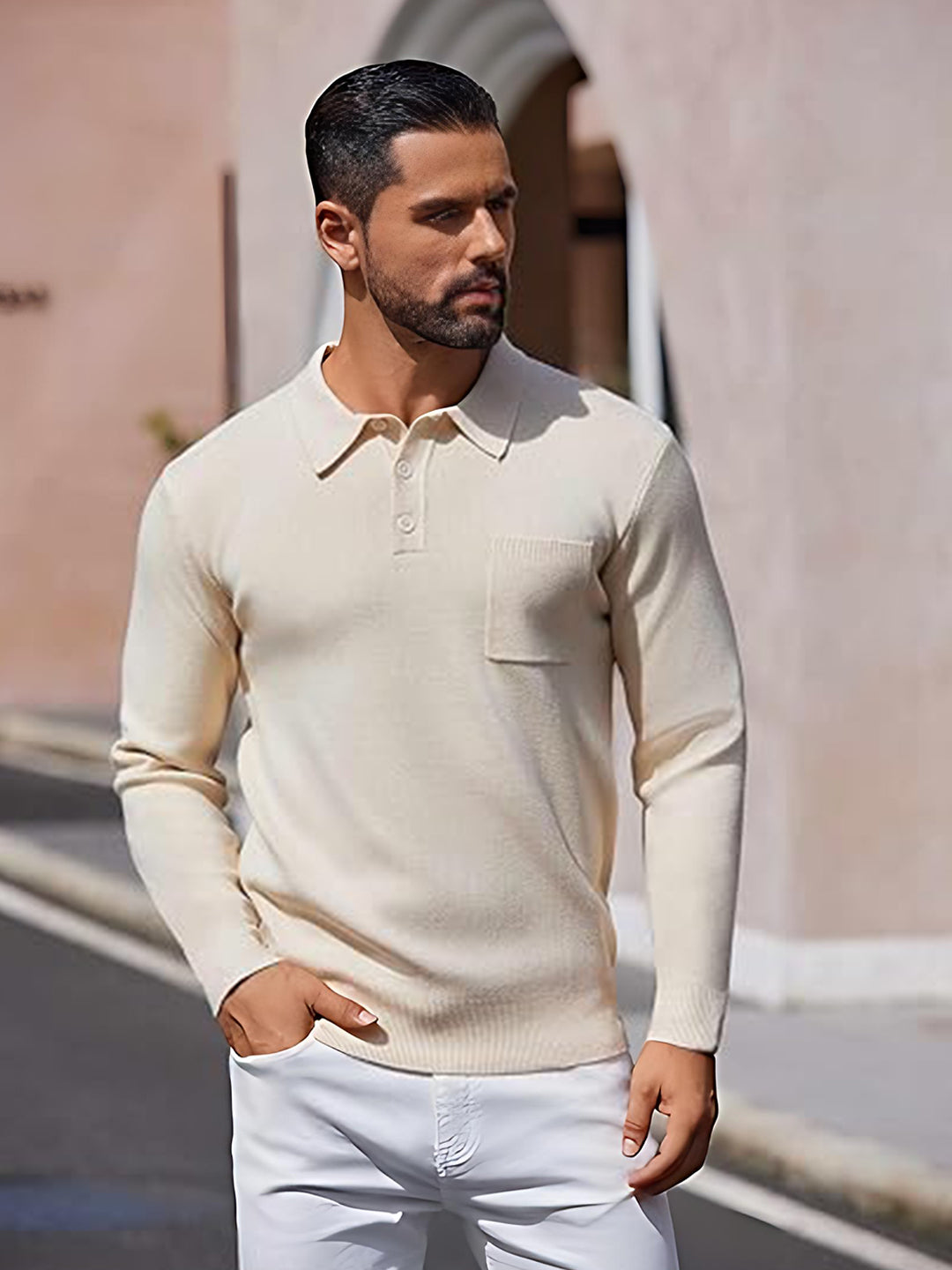TYSORT Mens Long Sleeve Polo Sweater Knit Polo Casual Heavyweight Thermal Pullover Sweater with Pocket