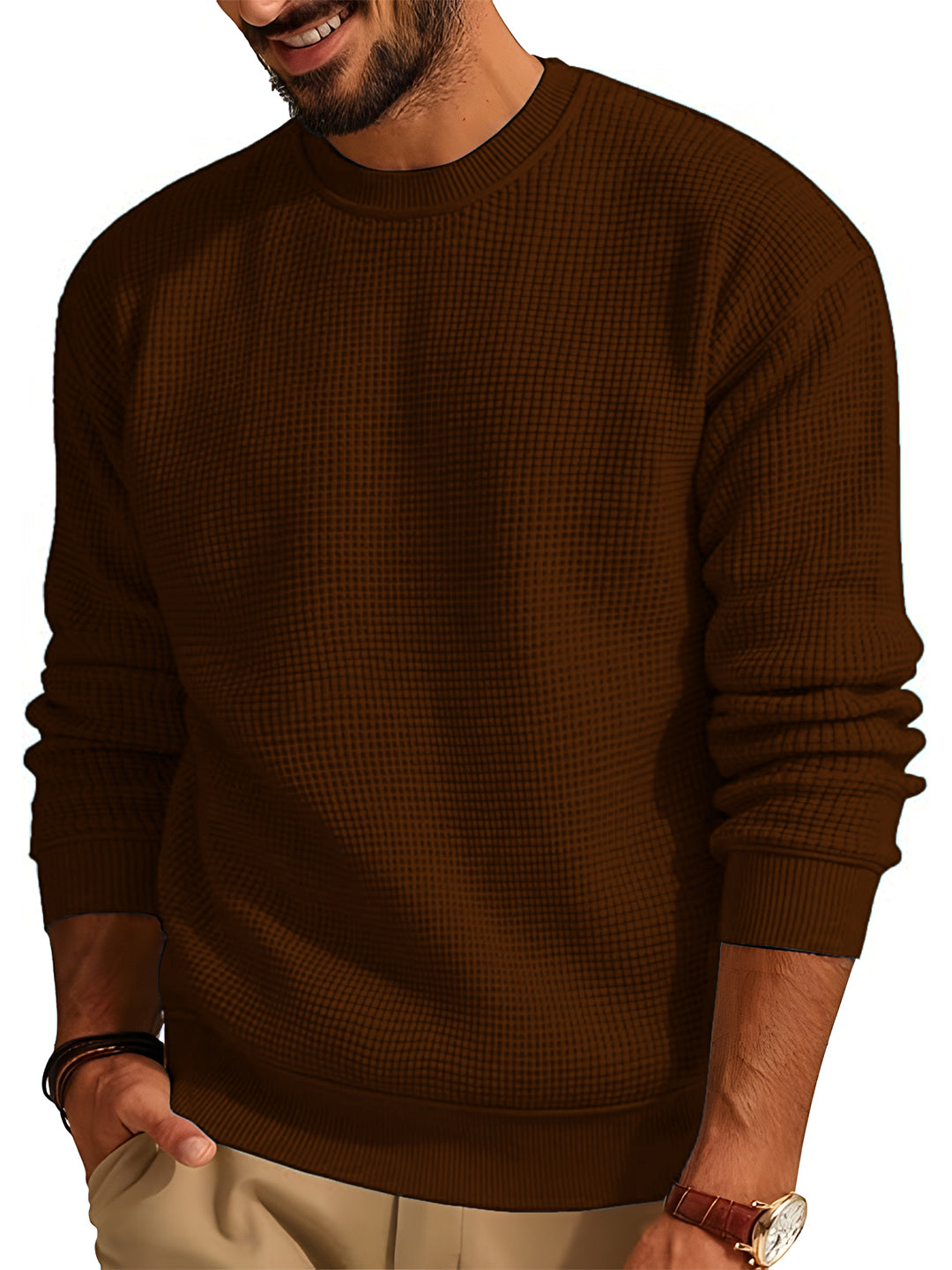 TYSORT Men's Waffle Knit Round Neck Full Sleeve Sweaters Crew Neck Sweater