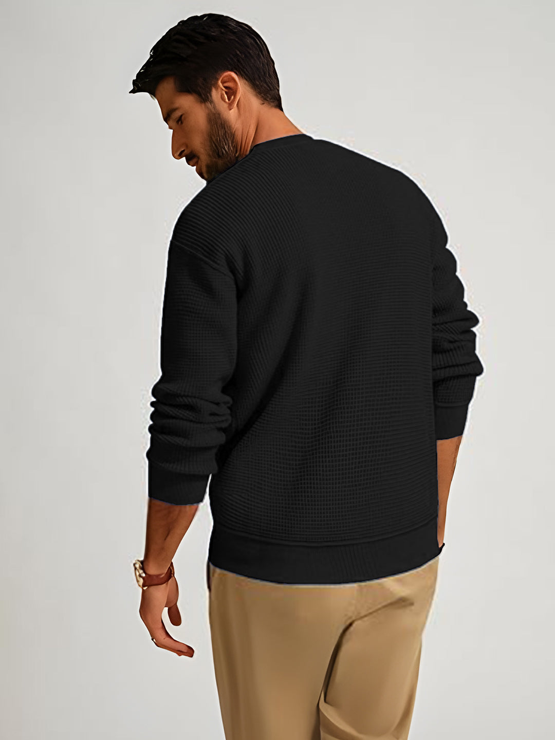 TYSORT Men's Waffle Knit Round Neck Full Sleeve Sweaters Crew Neck Sweater