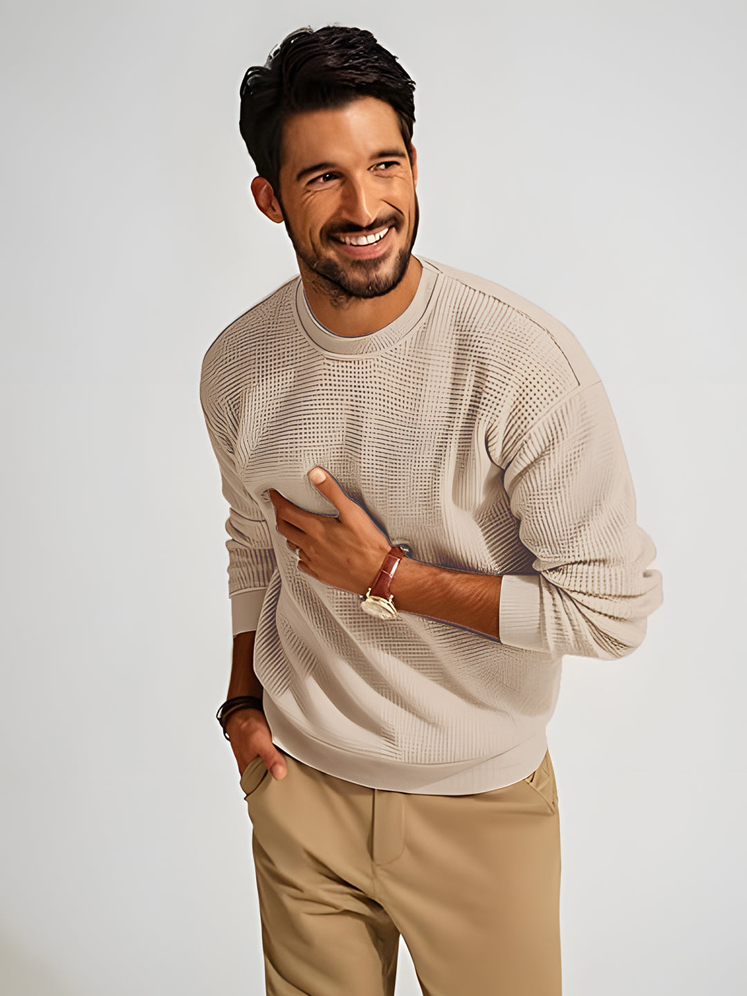 TYSORT Men's Waffle Knit Round Neck Full Sleeve Sweaters Crew Neck Sweater